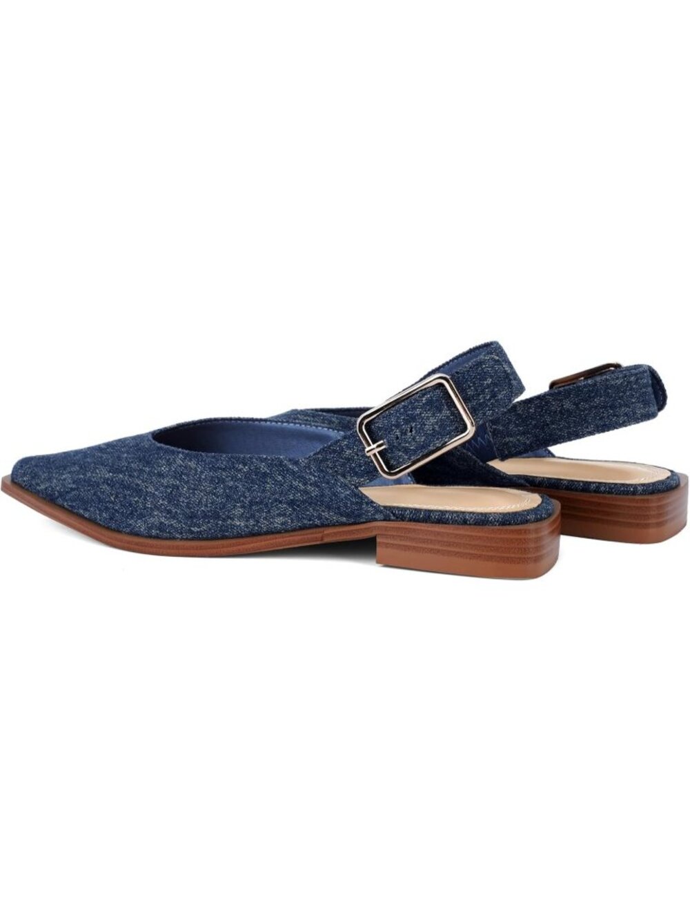 Women's Denim Blue Closed Pointed Toe Slip On Style Office Wear Flat Mules Shoes - Picture 5 of 6